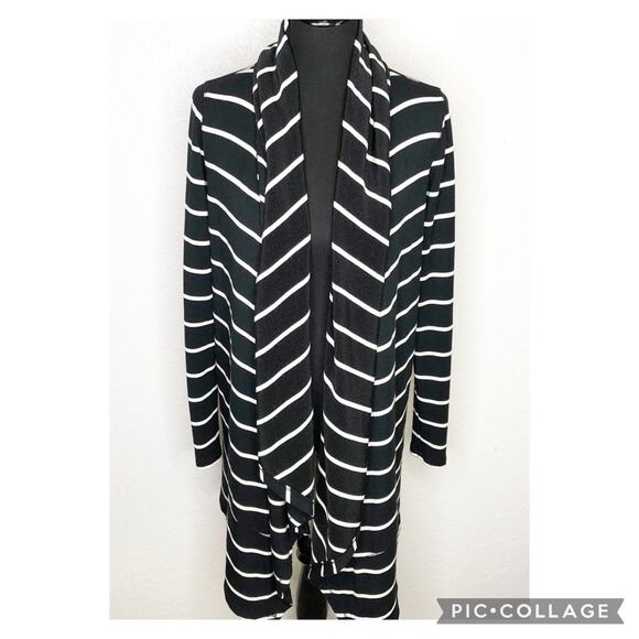 Lauren Ralph Lauren black white striped long open front cardigan size Medium - Picture 1 of 12